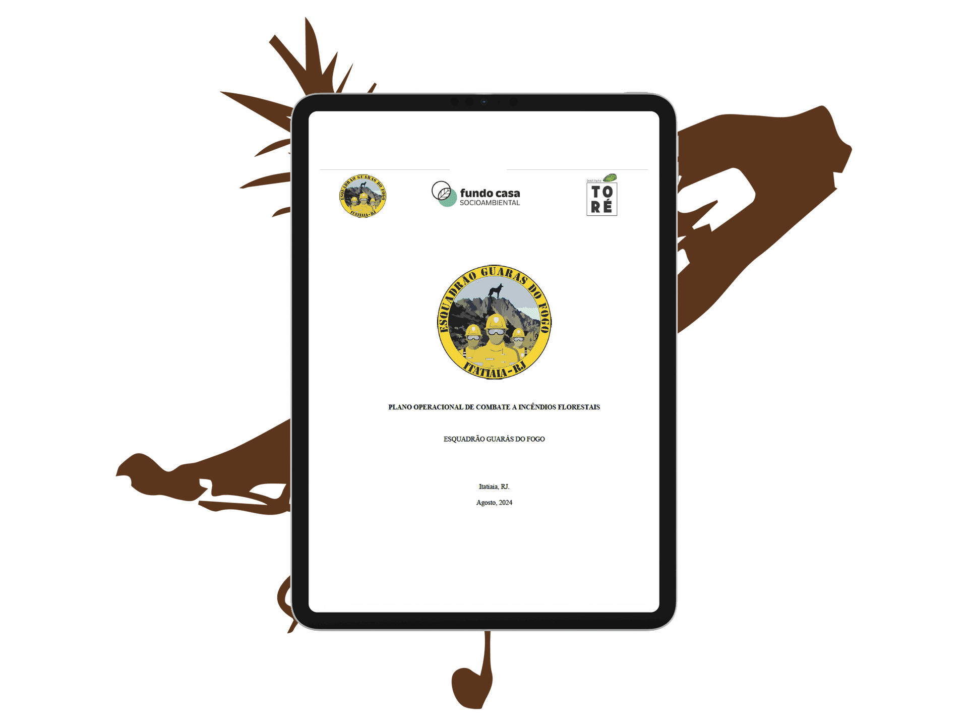 Tablet com documento, logotipos e elementos artísticos marrons.
