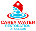 Logo for Carey Water Restoration of Oregon featuring a red house icon with blue water droplets falling into a circle.