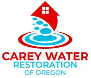Logo for Carey Water Restoration of Oregon featuring a red house icon with blue water droplets falling into a circle.