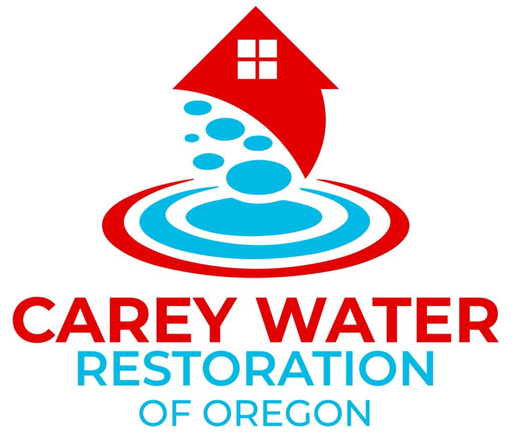 Logo for Carey Water Restoration of Oregon featuring a red house icon with blue water droplets falling into a circle.