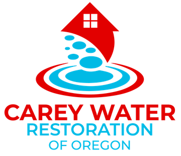 Logo for Carey Water Restoration of Oregon featuring a red house icon with blue water droplets falling into a circle.