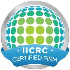The circular IICRC Certified Firm logo features a globe made of teal, green, and lime dots on a blue banner.