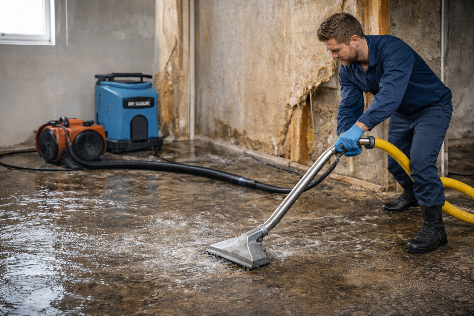A person in work clothes uses a wet vacuum to clean flooded concrete flooring in a basement.