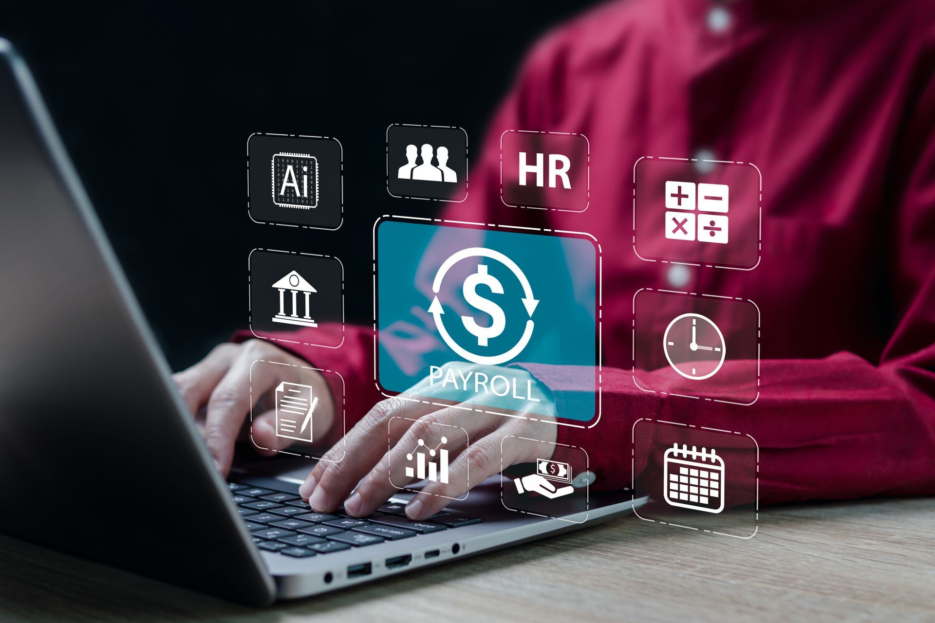 Person typing on a laptop with floating HR and finance icons on a red background
