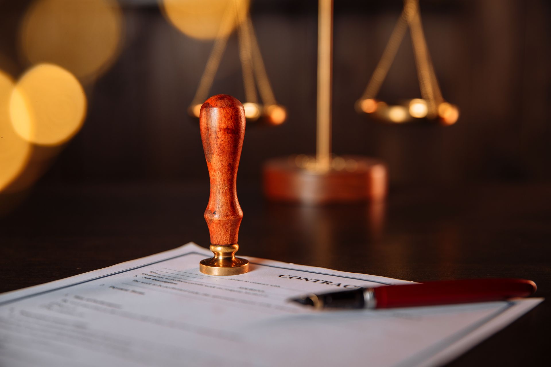 Court document with wax seal and pen, with blurred justice scales in the background