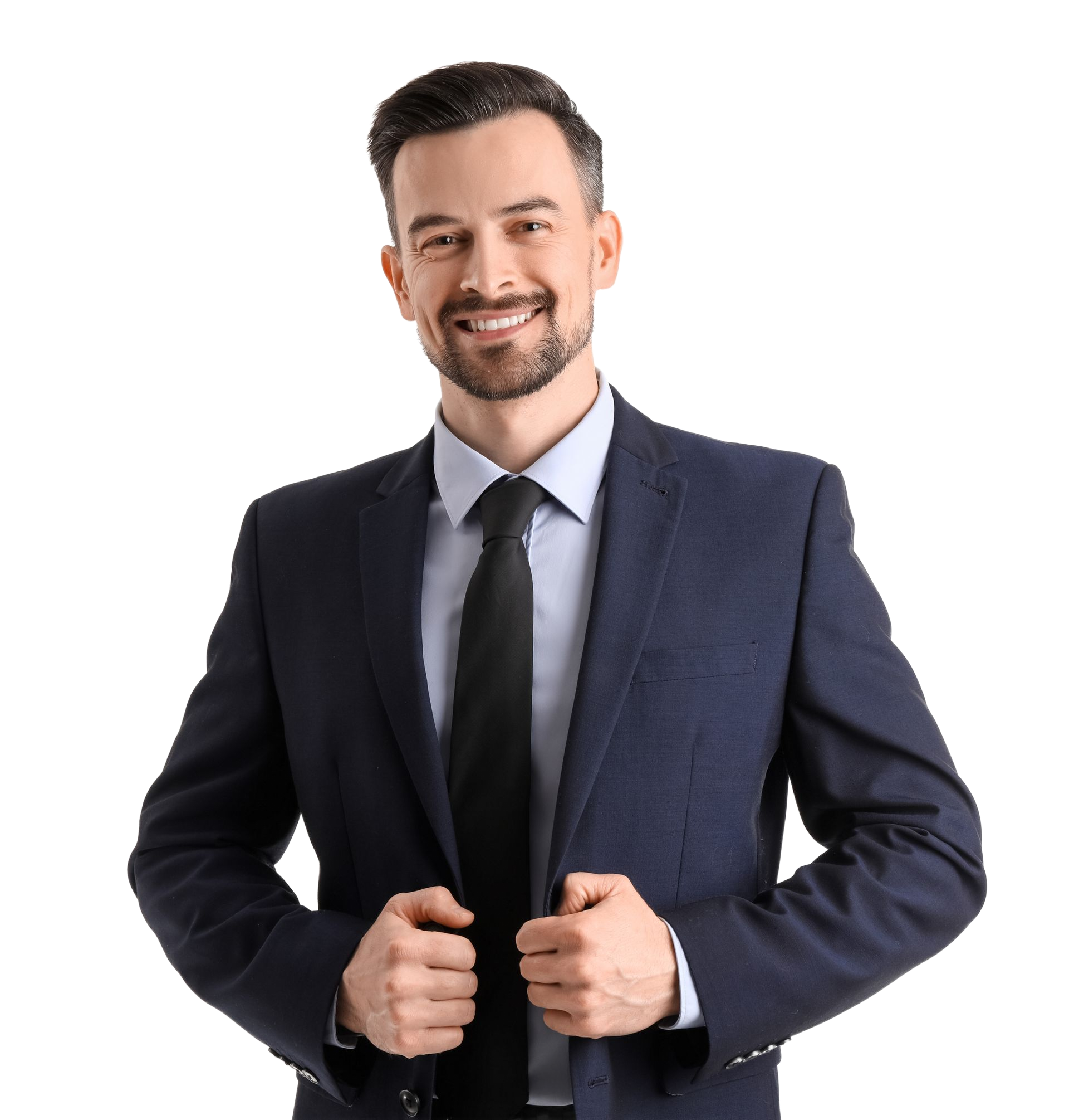 Smiling man in a dark suit adjusting his jacket against a white background