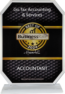 Go Tax Accounting & Services award plaque with black carbon-fiber background and “Best of Business” emblem