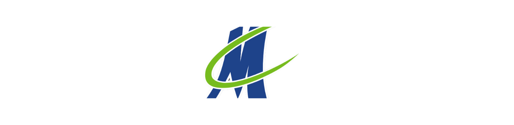 A blue letter m with a green swirl around it on a white background.
