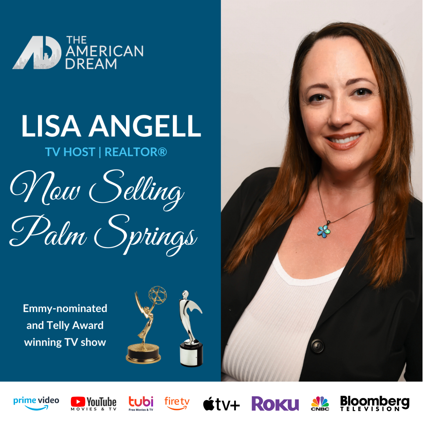 Lisa Angell, TV host, Realtor, selling Palm Springs. Features logo for