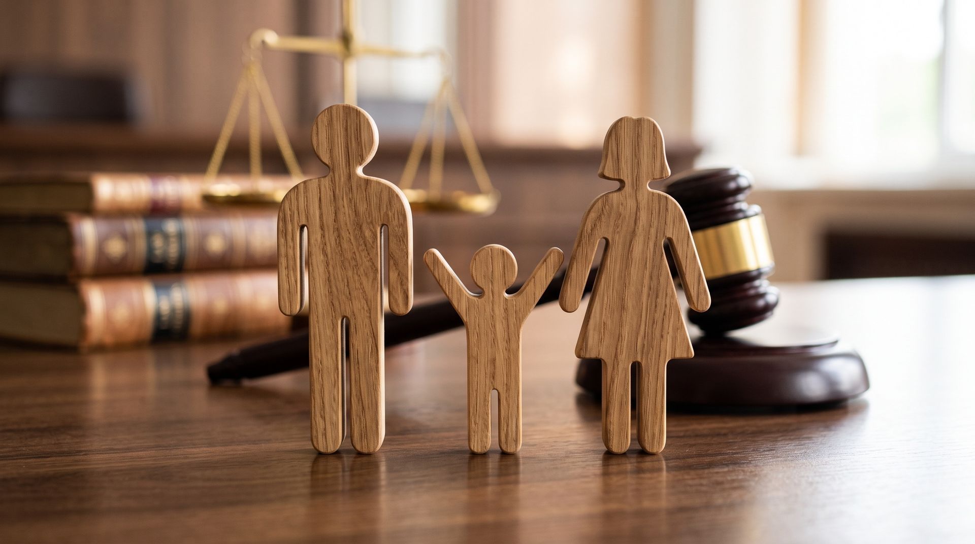 Wooden Family Figures and Gavel Symbolizing Legal Custody and Family Law Proceedings