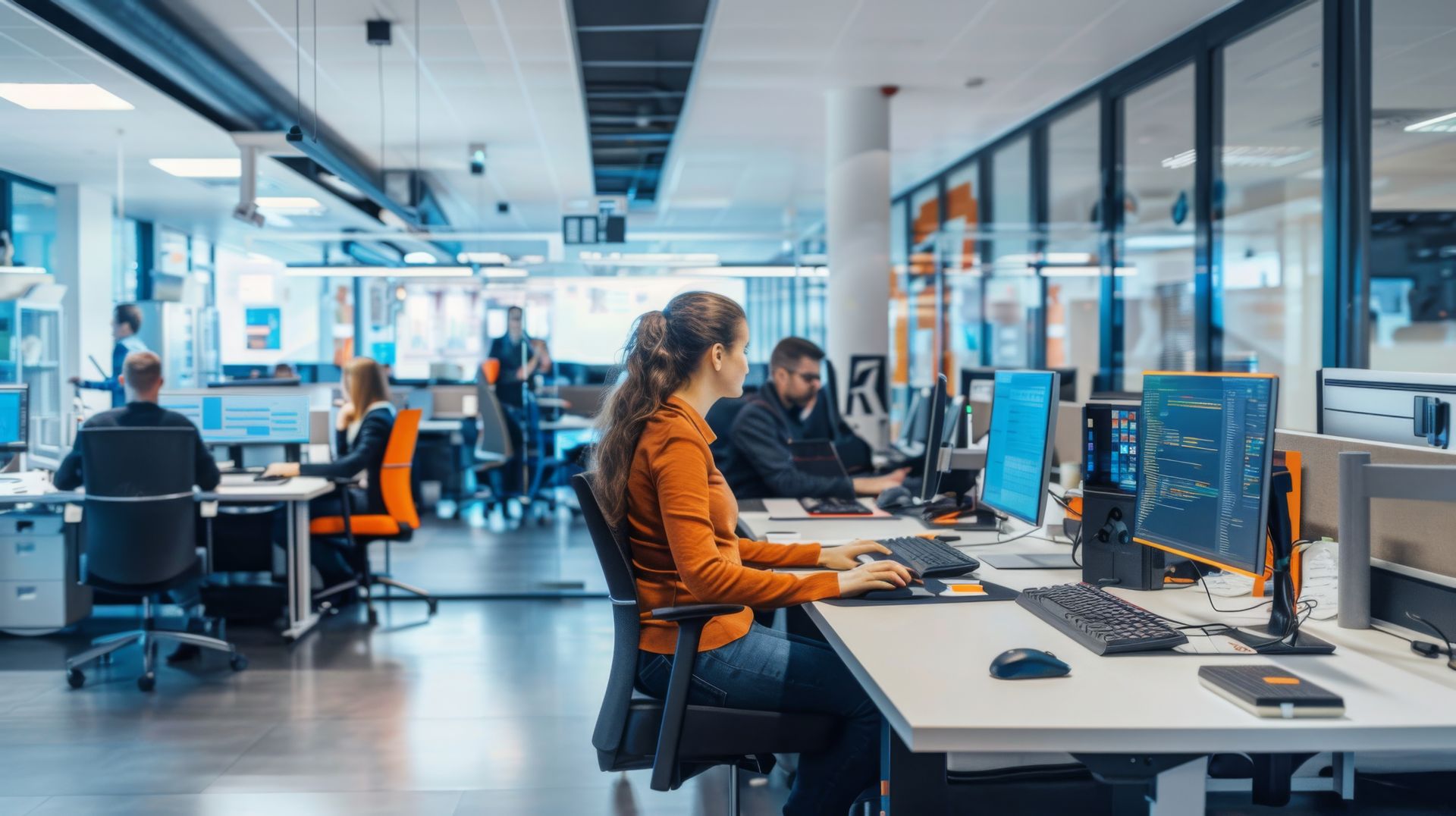 Modern open-plan office with people working at desks and multiple monitors under bright overhead lighting