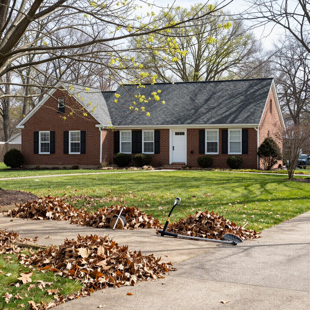 A person wearing a work uniform and earmuffs uses an orange leaf blower to clear autumn leaves in a wooded park.
