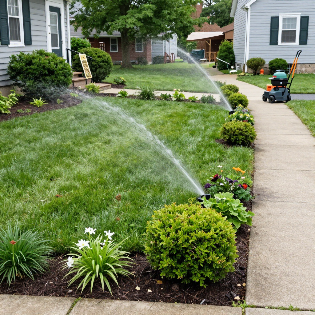 A red lawnmower cutting grass in a lush yard with a landscaped garden border in the background.