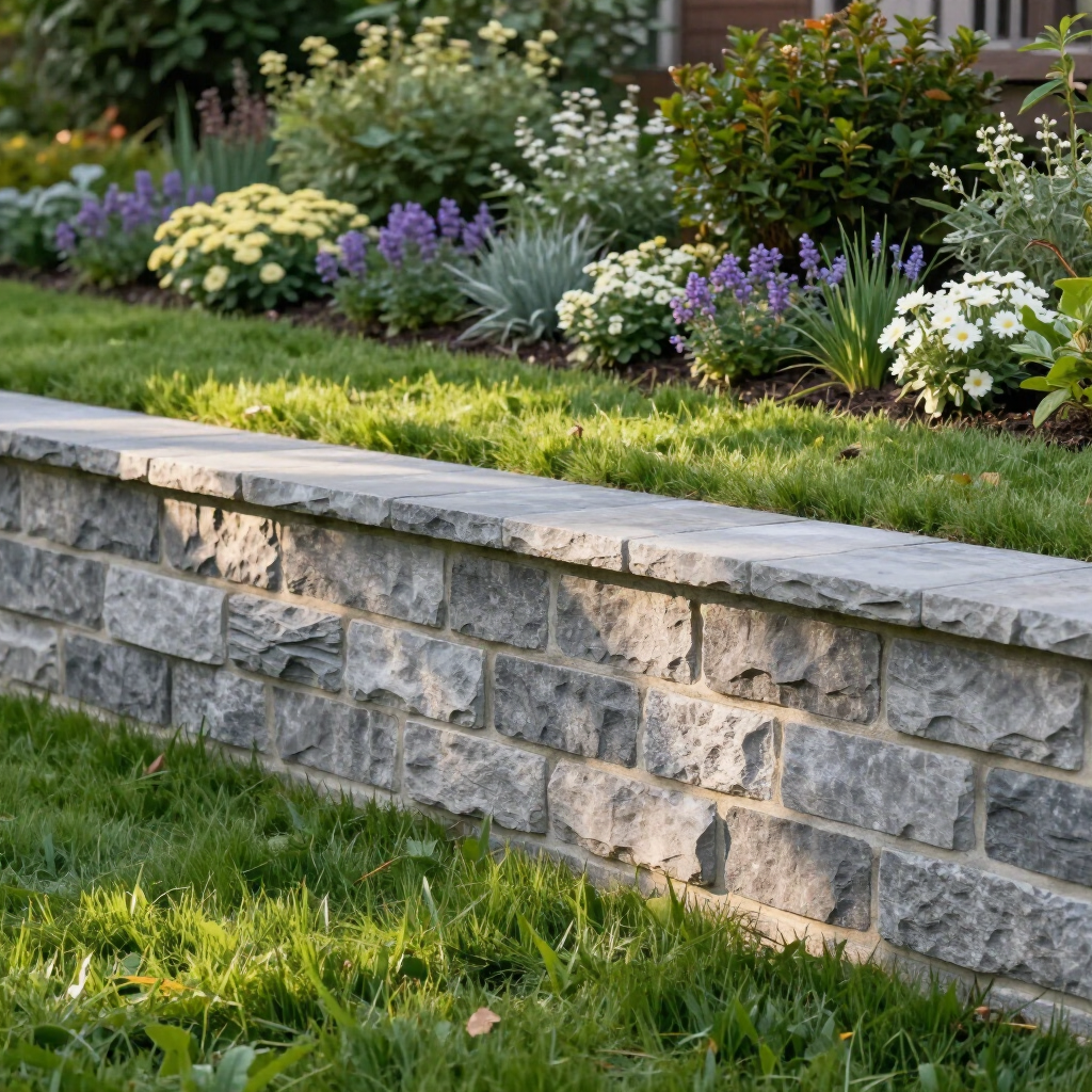 An overhead view of a lush backyard garden featuring flagstone pathways, a circular central bed, and a stone patio.