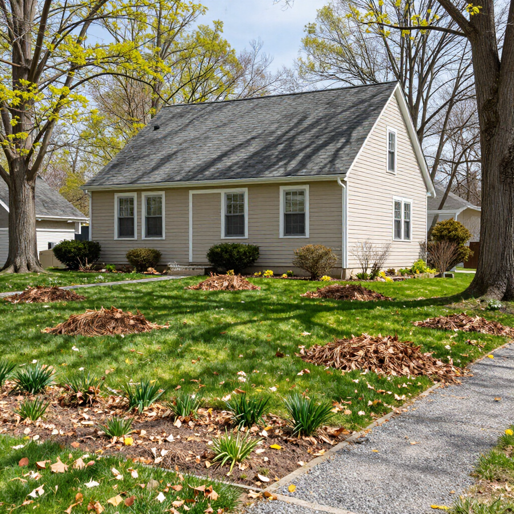 A person uses a leaf blower to clear brown fallen leaves from a patch of green grass onto a paved street.