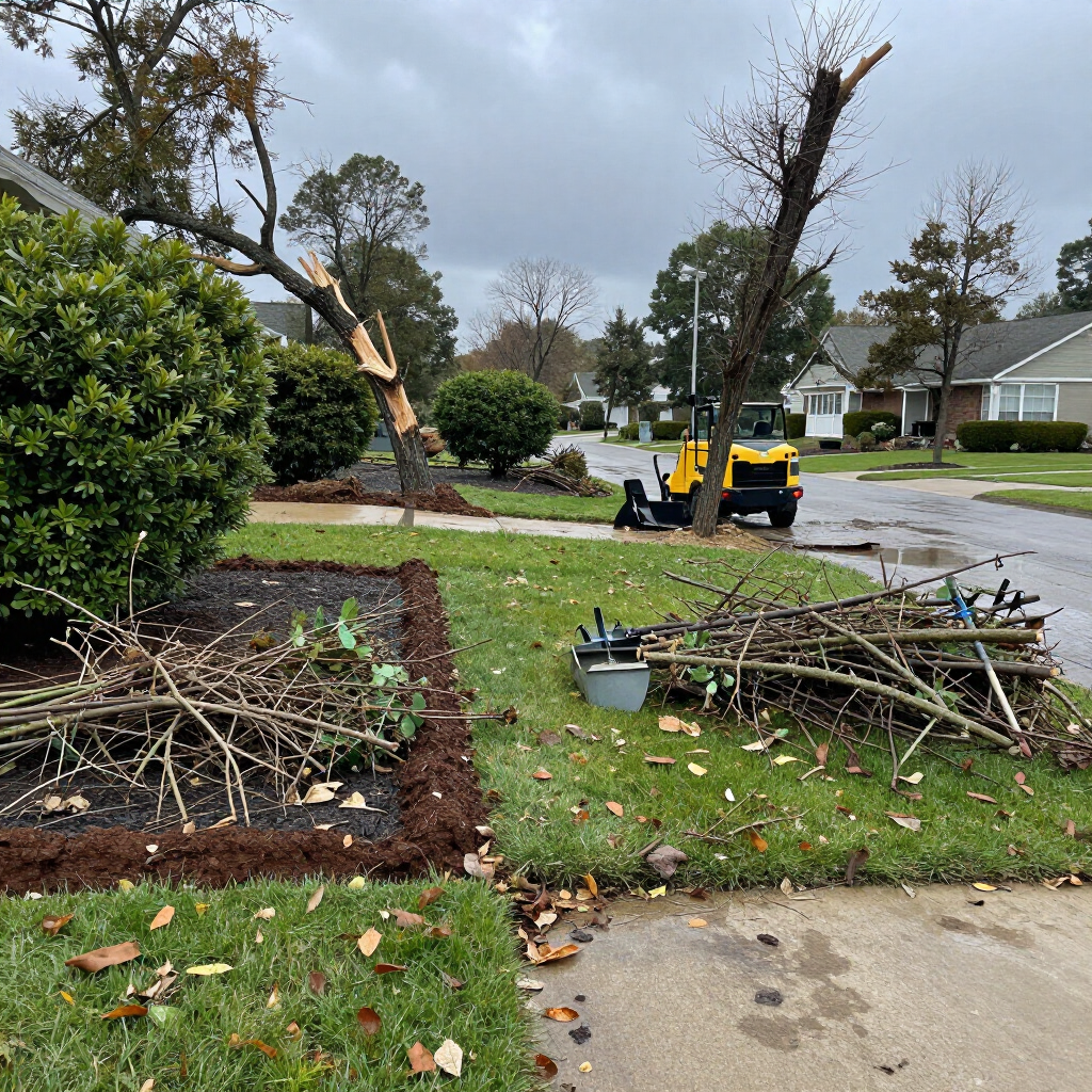 A fan-shaped lawn rake and a pair of orange work gloves lying on green grass next to a pile of fallen autumn leaves.