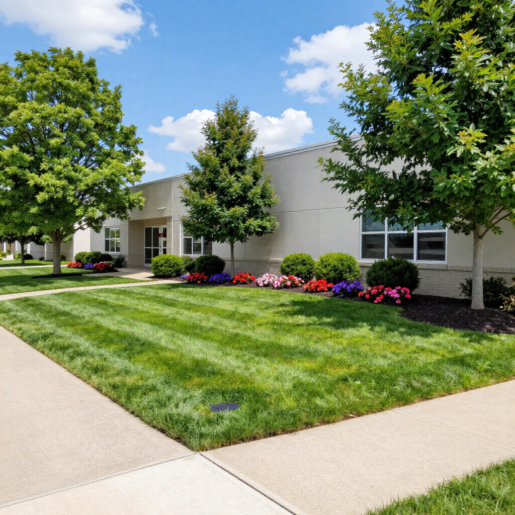 A winding stone path crosses a bright green lawn toward a small fountain and manicured hedges in a park.