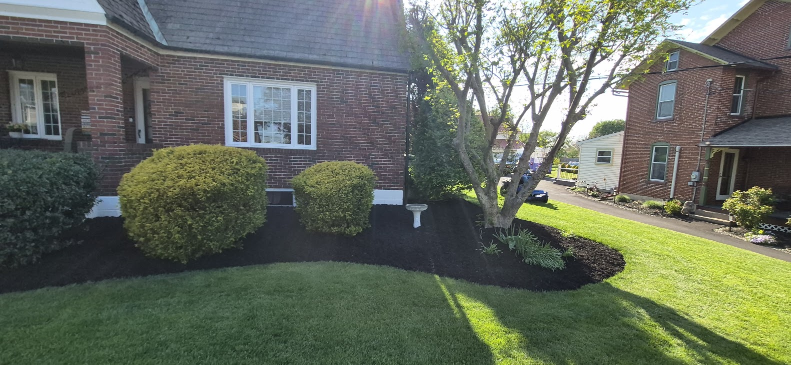 A red lawnmower cutting grass in a lush yard with a landscaped garden border in the background.