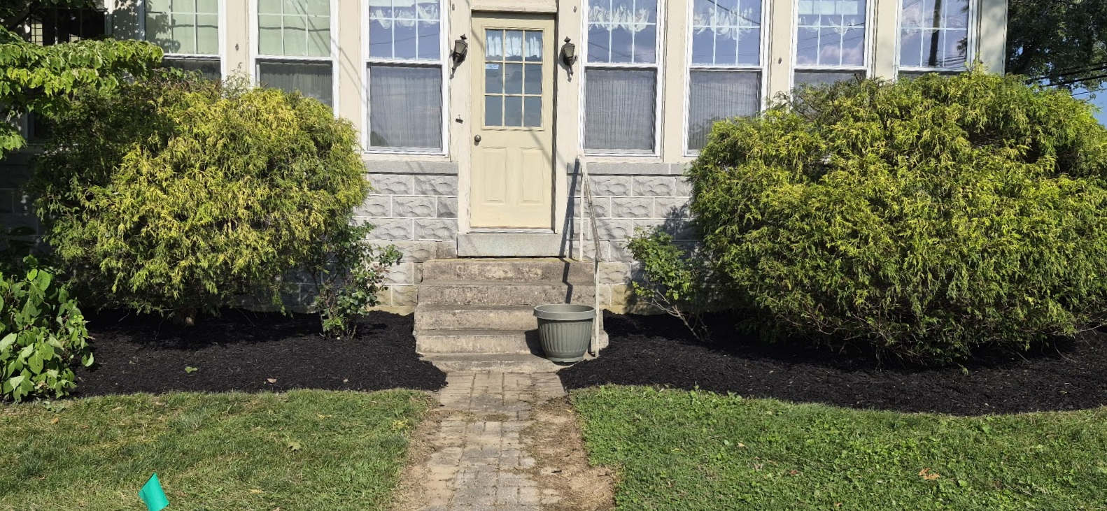 Front entrance of a beige house with stone steps, a walkway, and trimmed green bushes