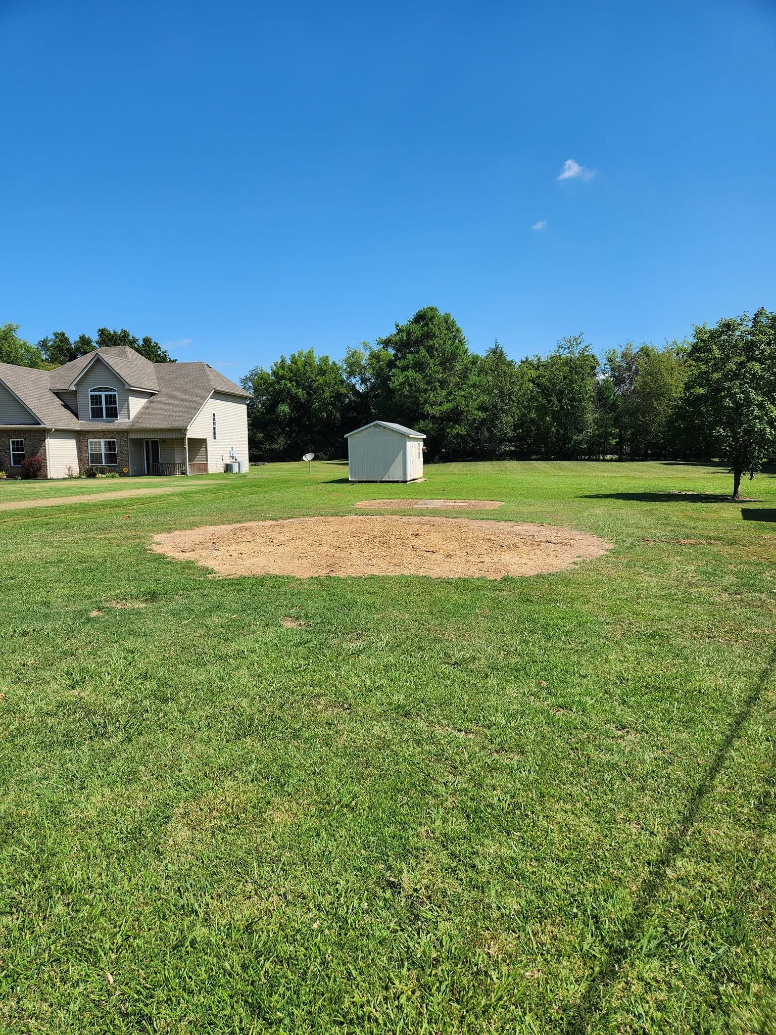 Backyard with a tan dirt patch, green lawn, a house on the left, and a small shed under a blue sky