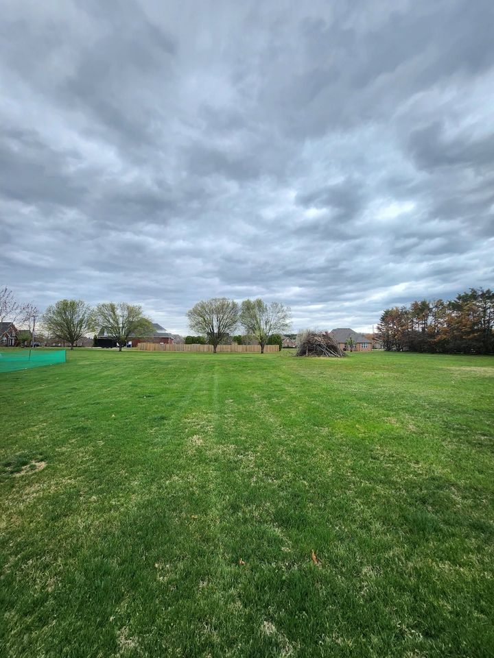 Wide grassy field under a cloudy sky with trees and a few houses in the distance
