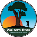 Walters Bros Trees and Landscaping logo with tree silhouette, orange sun, and worker silhouette