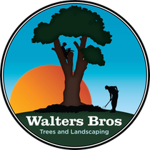 Walters Bros Trees and Landscaping logo with tree silhouette, orange sun, and worker silhouette