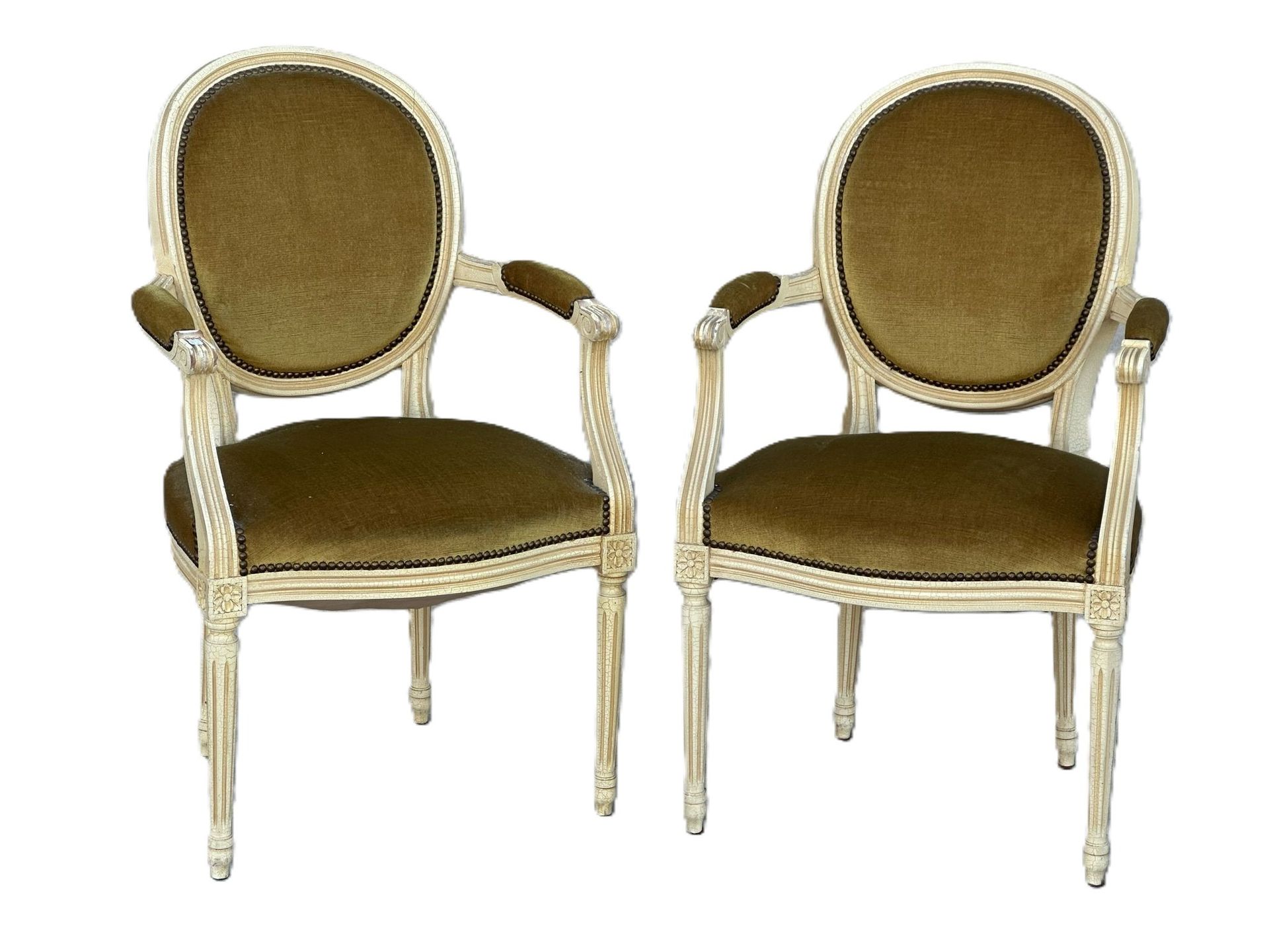 Paire de fauteuils Louis XVI - Velours olive
