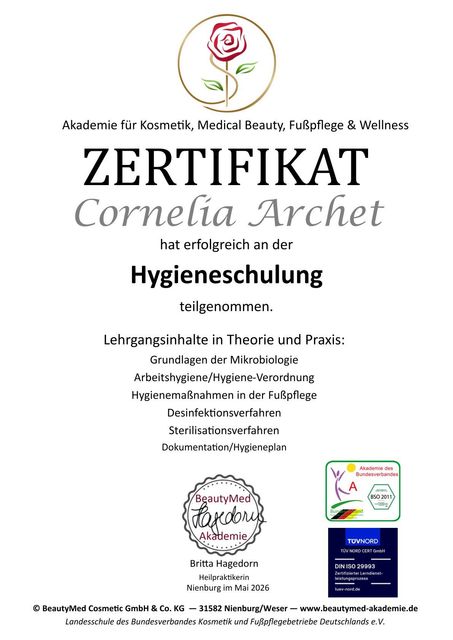 Hygienezertifikat für Fußpflegepraxis von Cornelia Archet