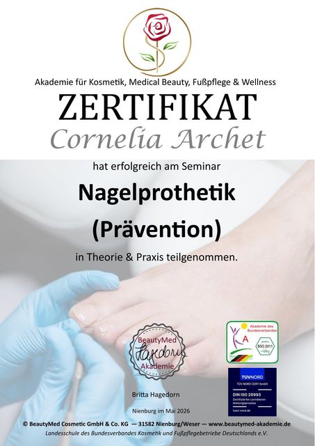Zertifikat Nagelprothetik für professionelle Fußpflege von Cornelia Archet