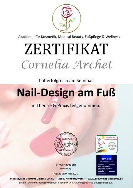 Zertifikat für Ausbildung in Nail Design und Fußpflege von Cornelia Archet