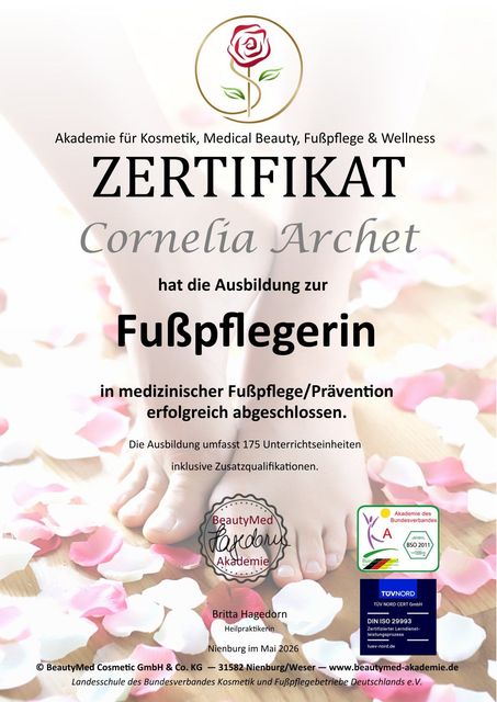 Zertifikat für medizinische Fußpflege von Cornelia Archet