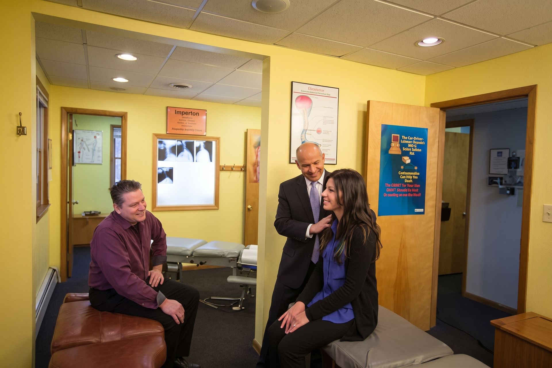 Black padded chiropractic treatment table in a room with a wooden cabinet behind it