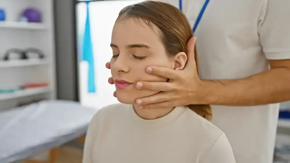 Therapist gently massages a seated client’s jaw in a bright clinic room
