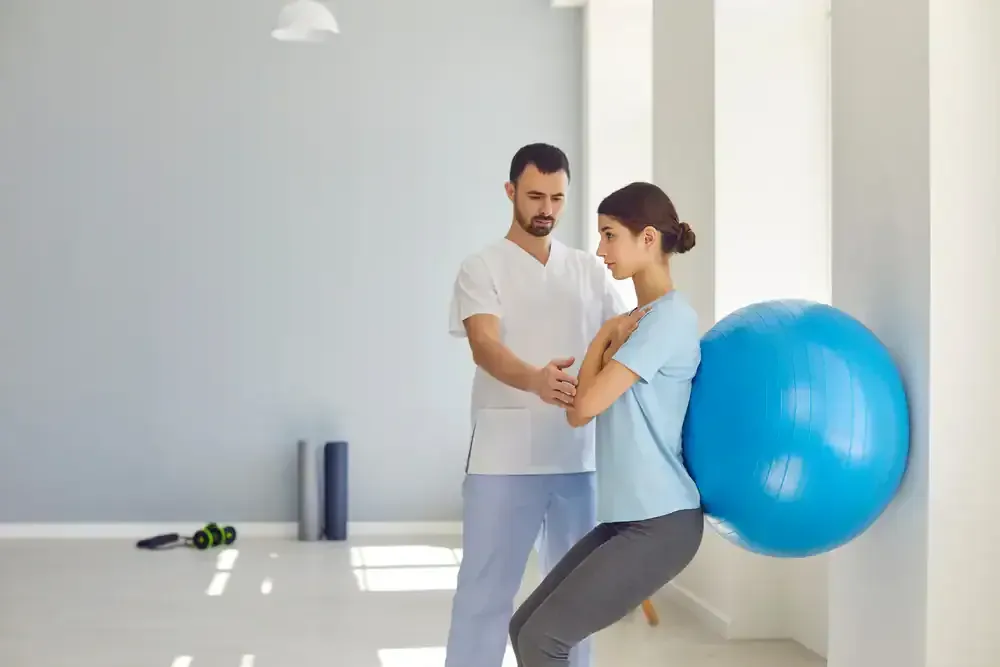 Trainer assisting client with exercise using a blue stability ball in a bright studio