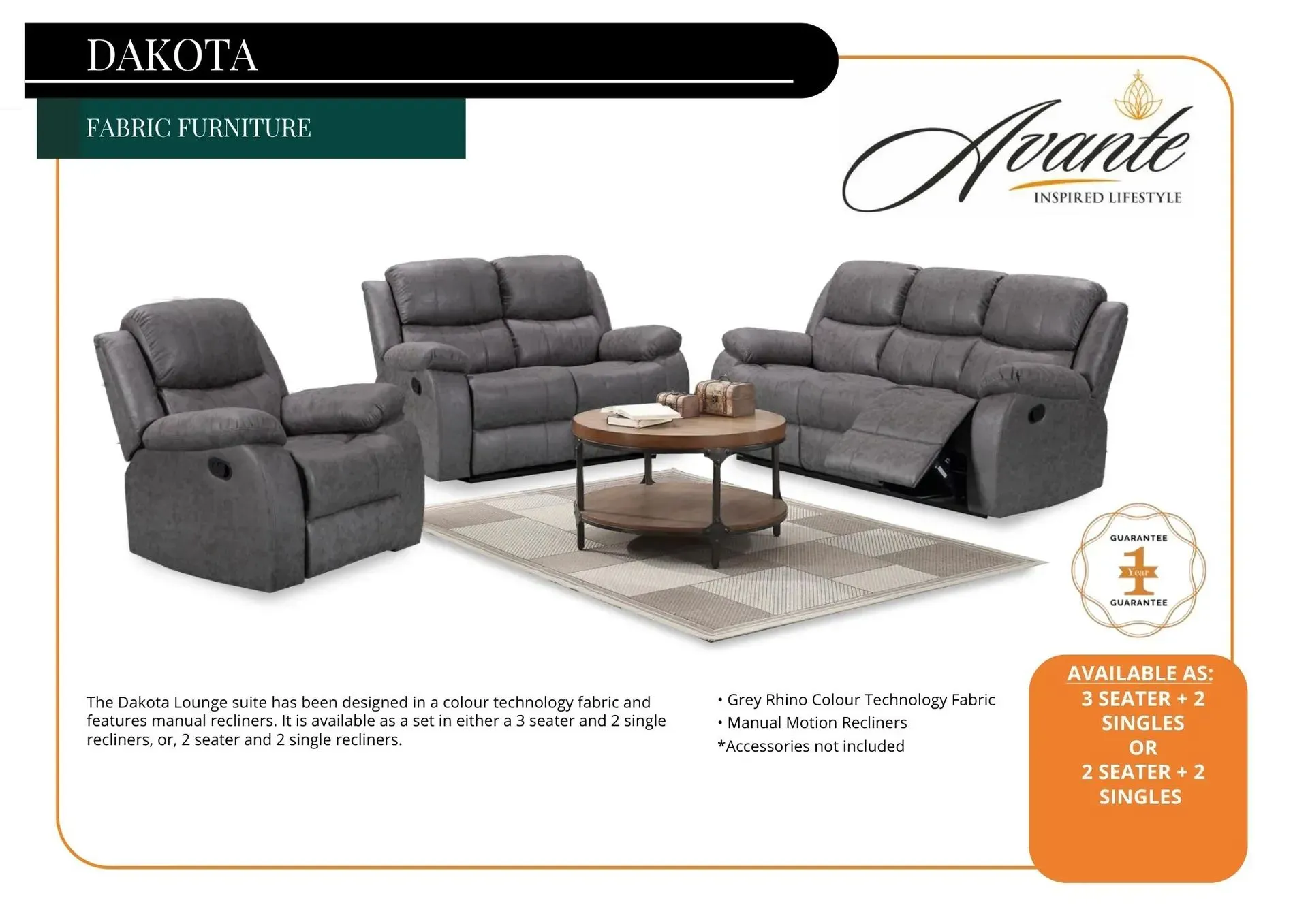 Dark gray sectional recliner sofa set with coffee table on rug, furniture catalog ad