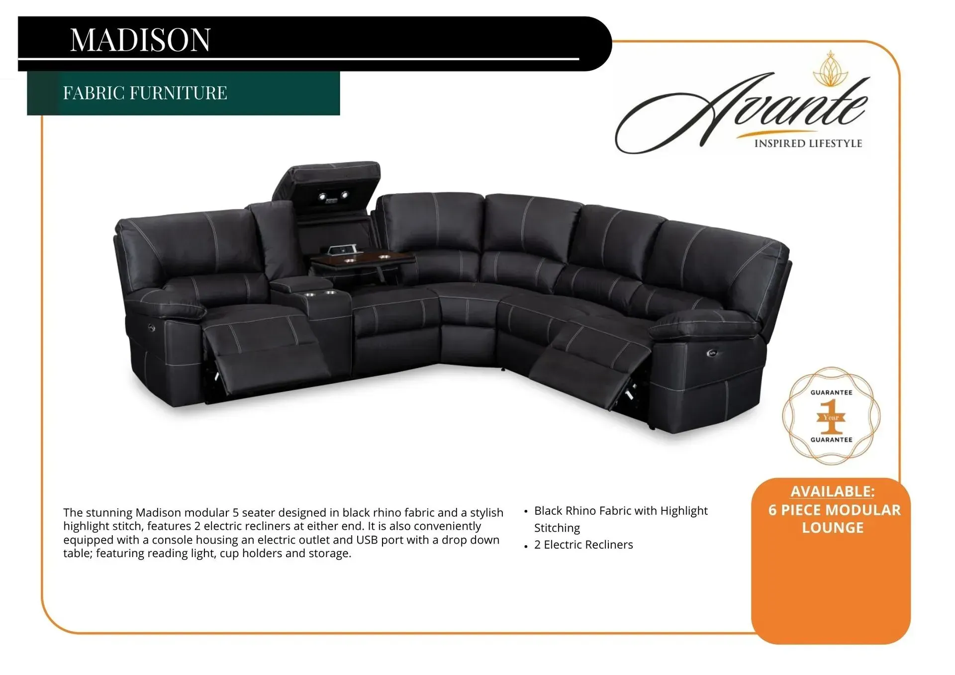 Black sectional reclining sofa with cupholders on a white product ad background