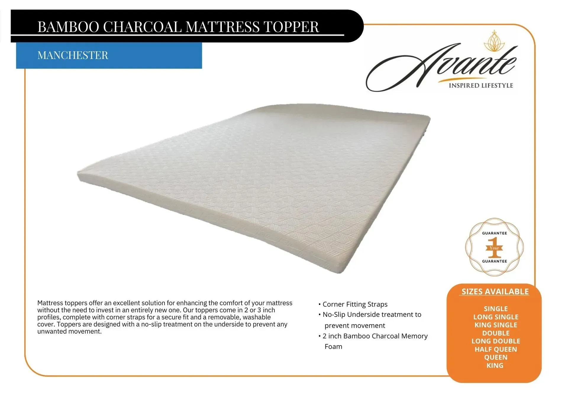 White bamboo charcoal mattress topper shown on a product packaging background with orange details