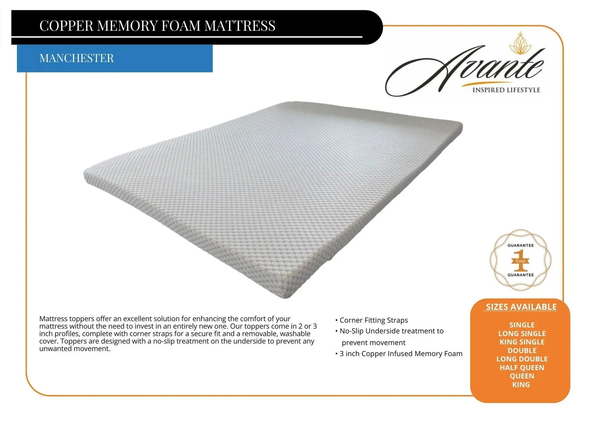 White quilted memory foam mattress product ad on a light background with brand logo and feature labels