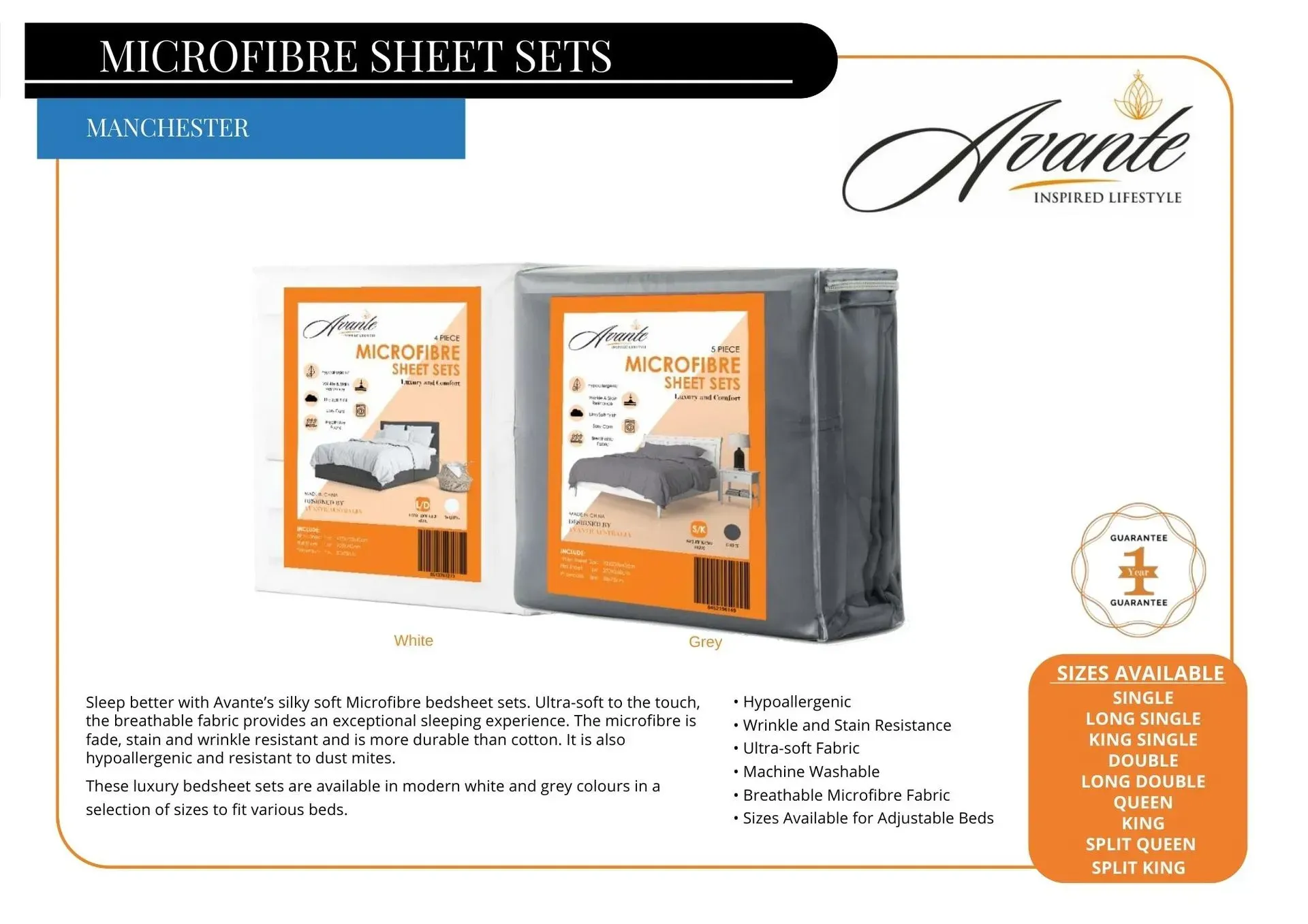 Microfiber sheet sets packaging ad with gray and orange folded bedding packs on a white background.