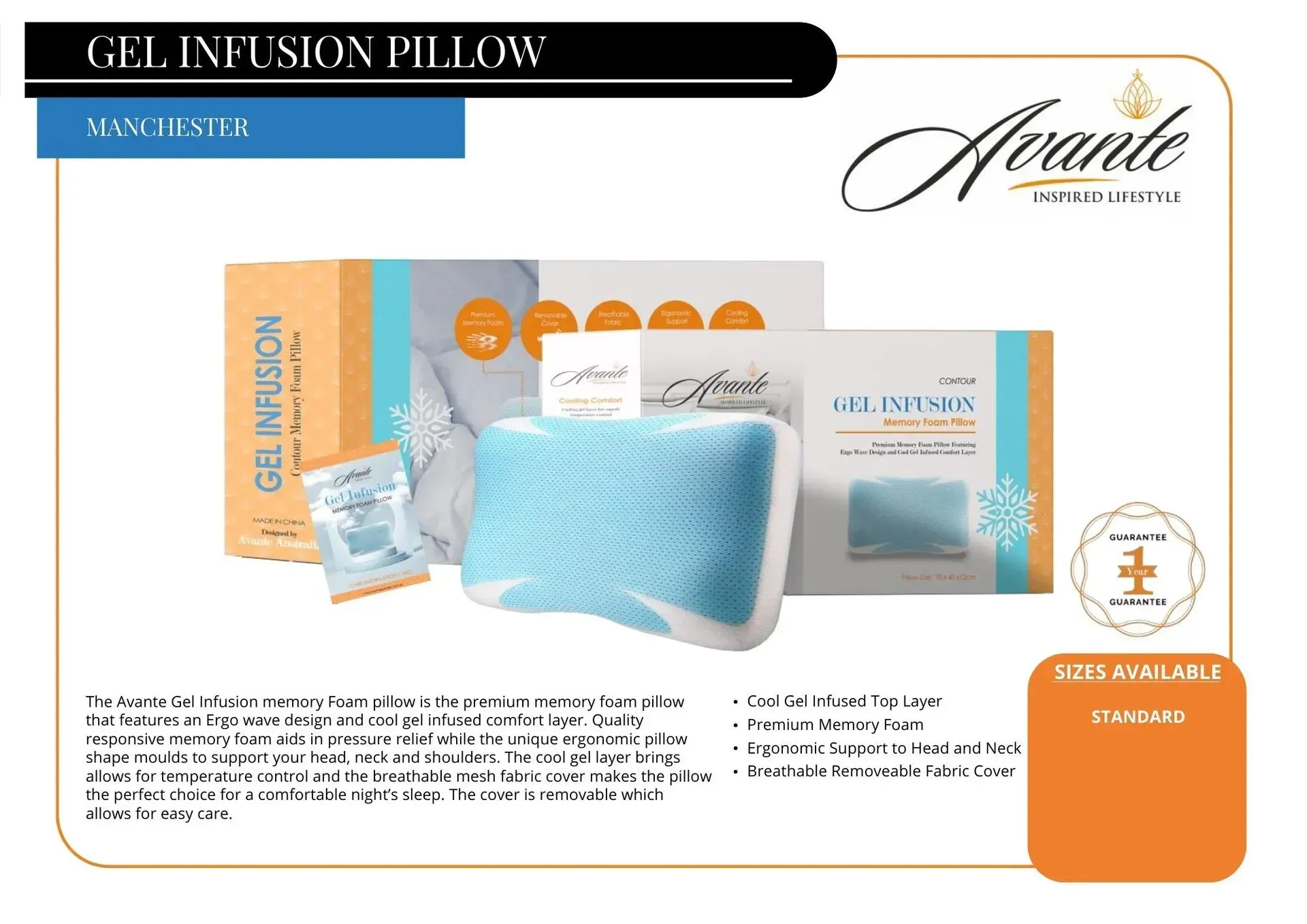 Gel infusion pillow product ad with blue and white packaging and pillow display