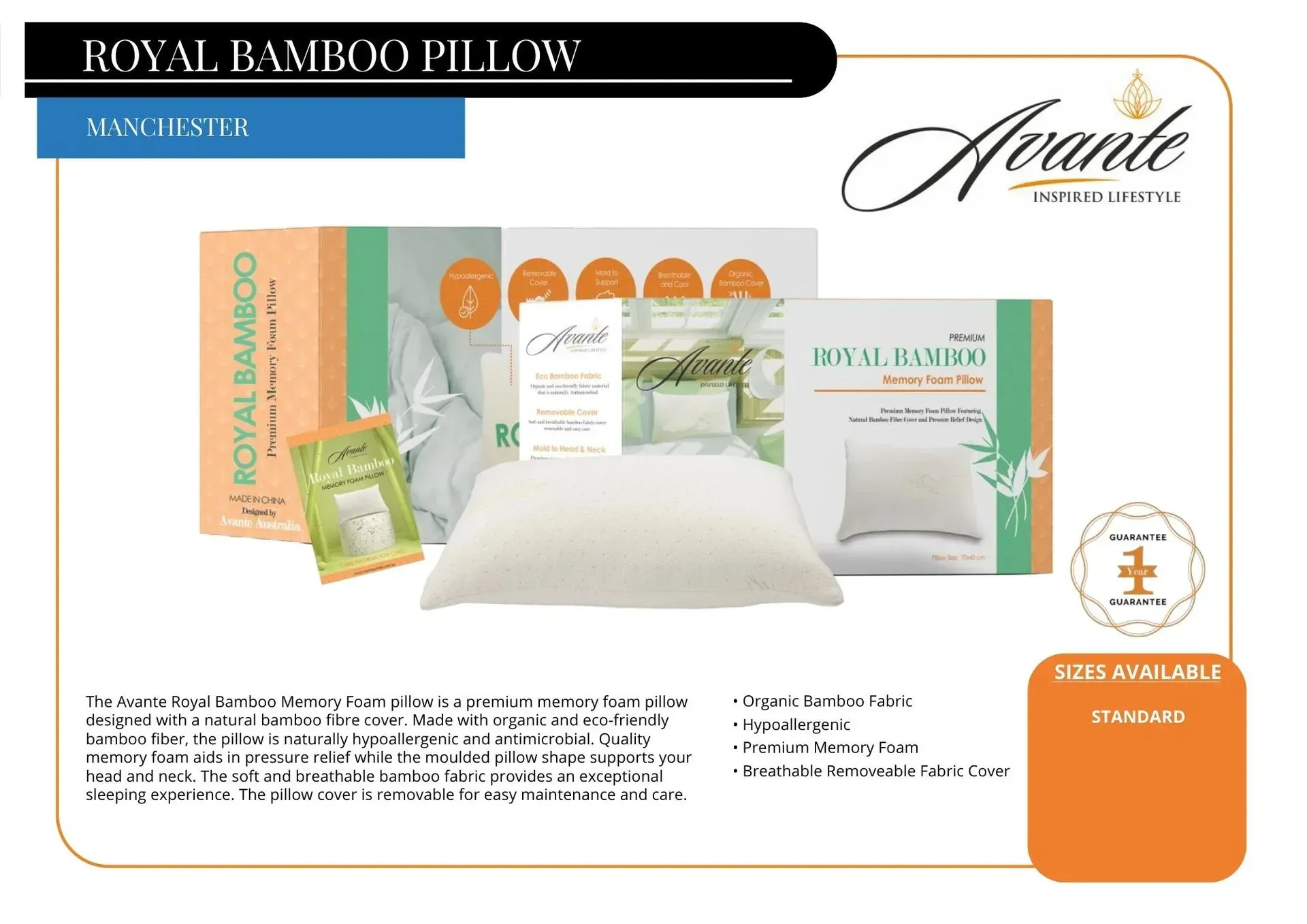 Royal bamboo pillow product ad with pillow, packaging, and certification badge on a white background