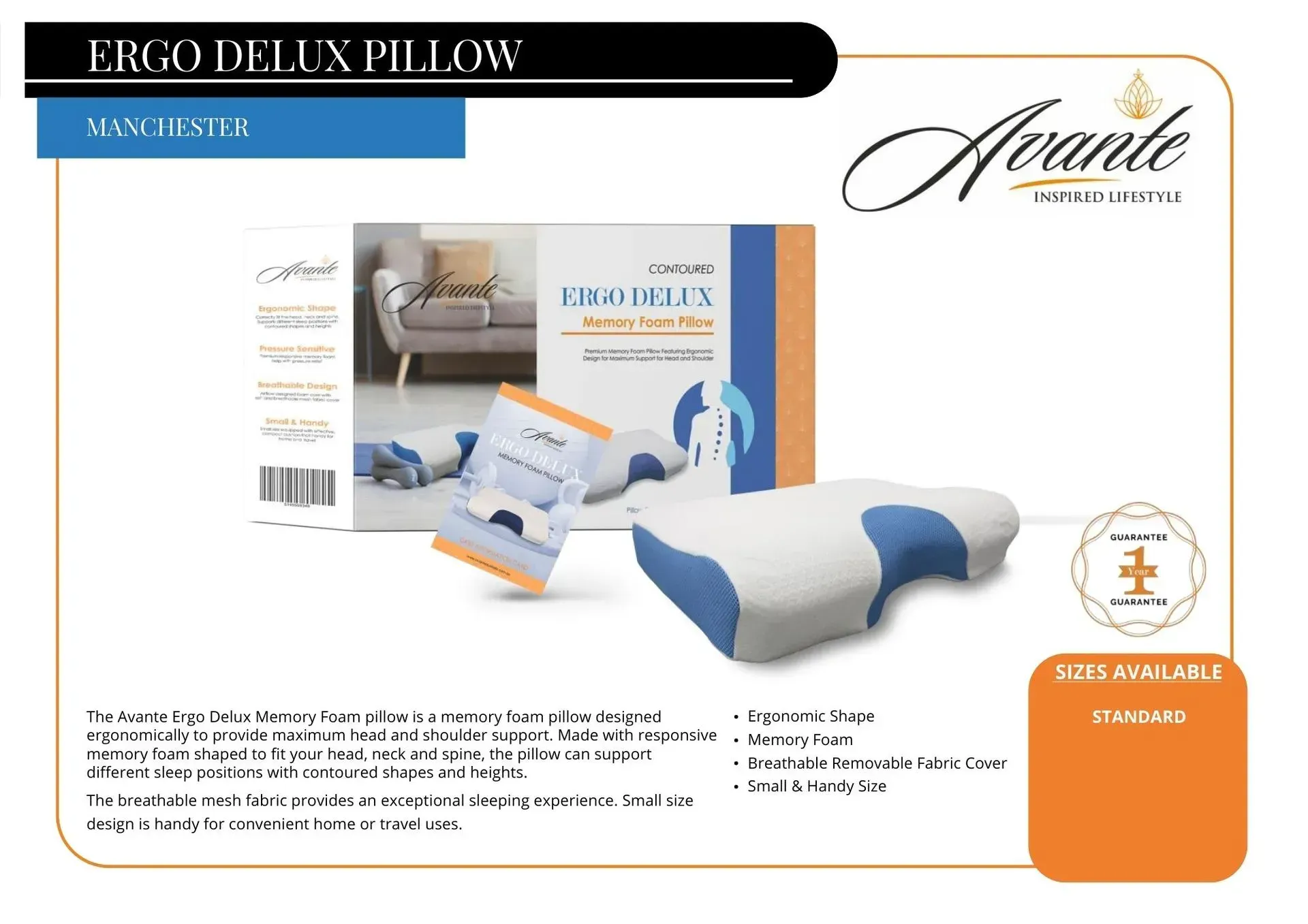 Ergo deluxe pillow product ad with blue-and-white ergonomic pillow, packaging, and brand logo