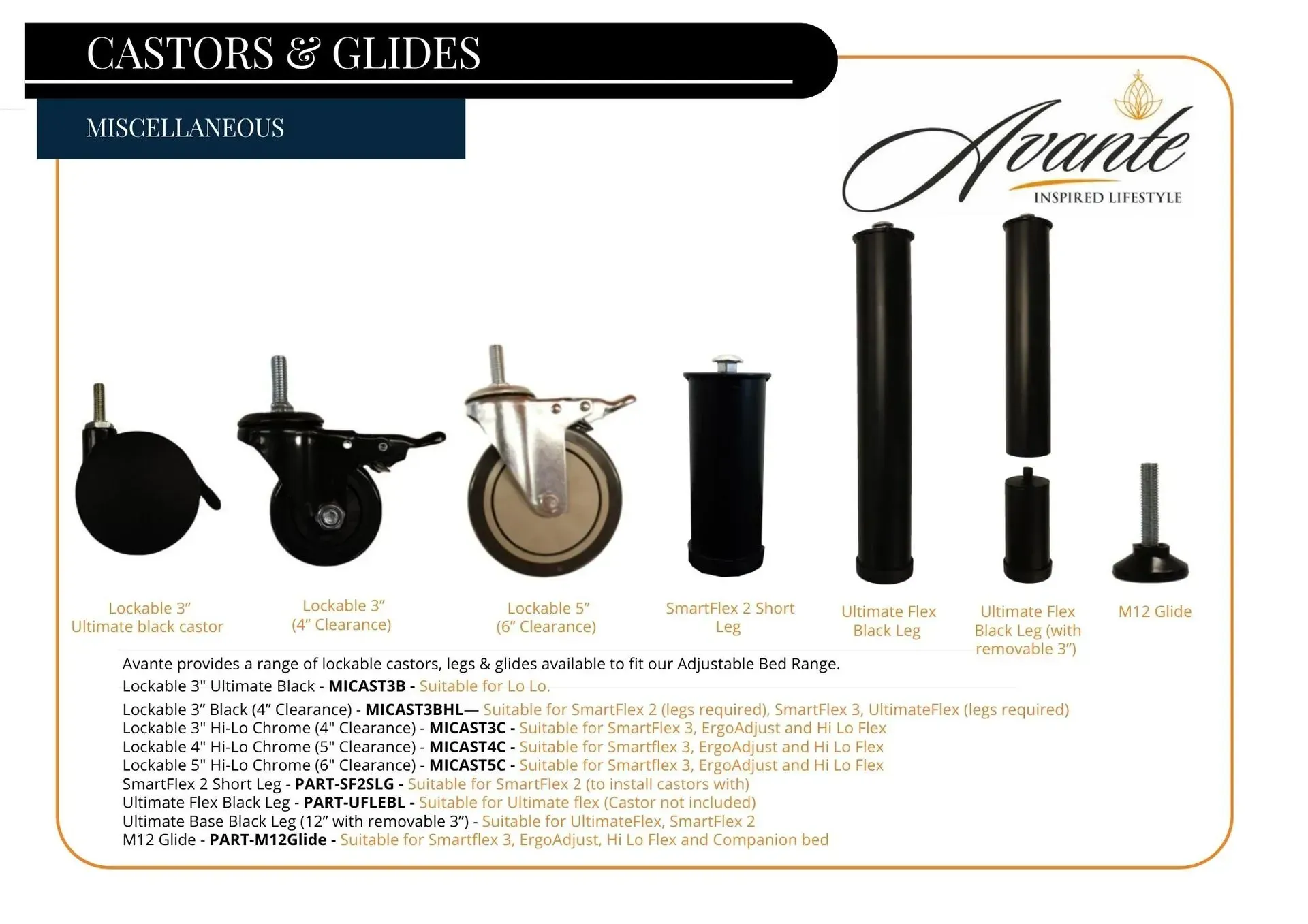 Product catalog page showing black and chrome caster wheels and glides on a white background.