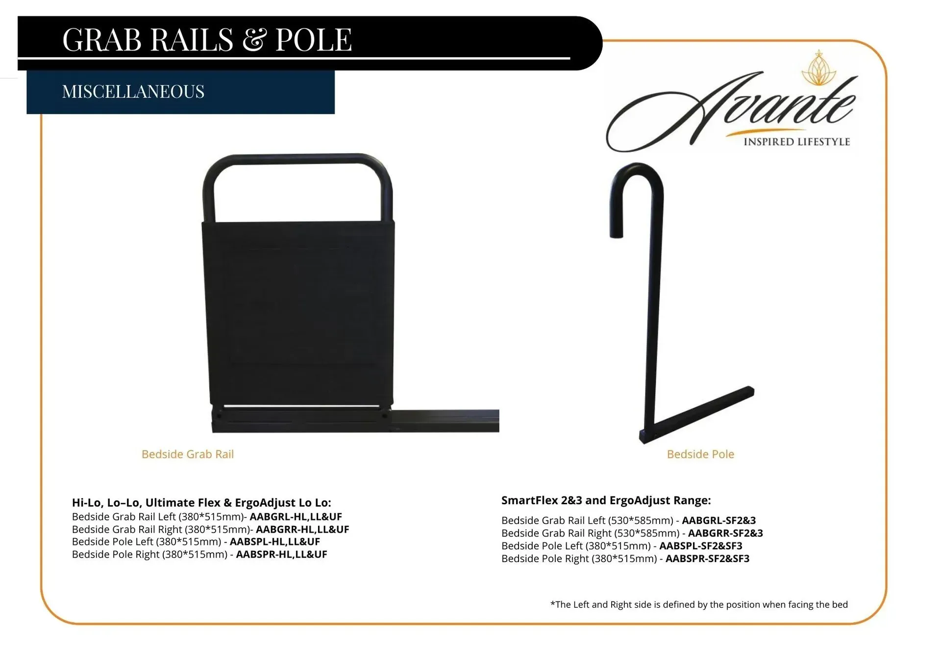 Grab rails and pole product sheet showing black metal grab rail and pole profile views.