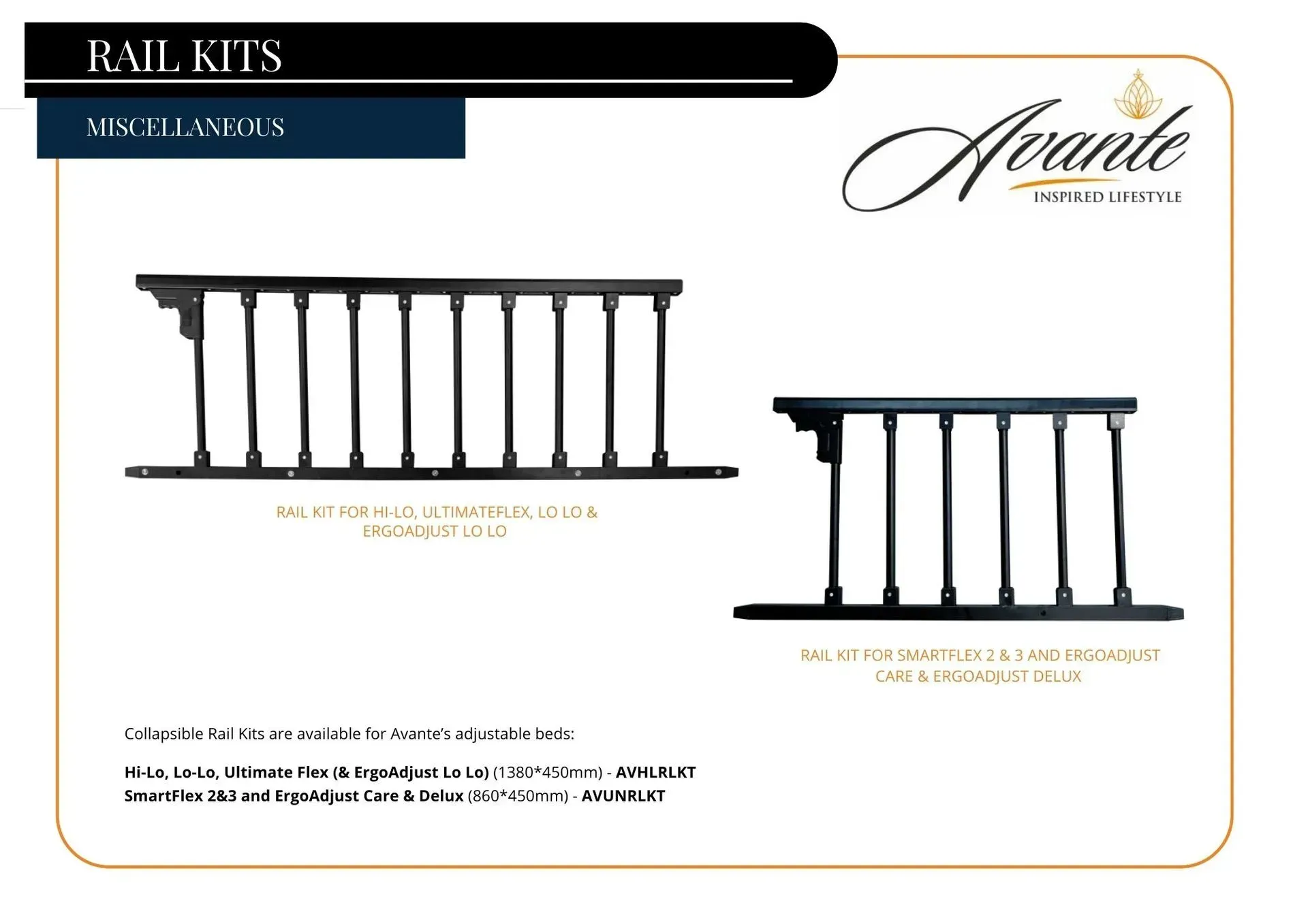 Black metal rail kits shown in two sizes on a white product catalog page.