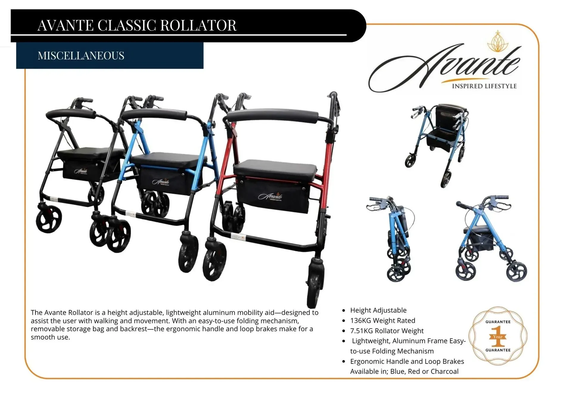 Walker product catalog page showing multiple wheeled walkers in black, blue, and red with branding and small inset images