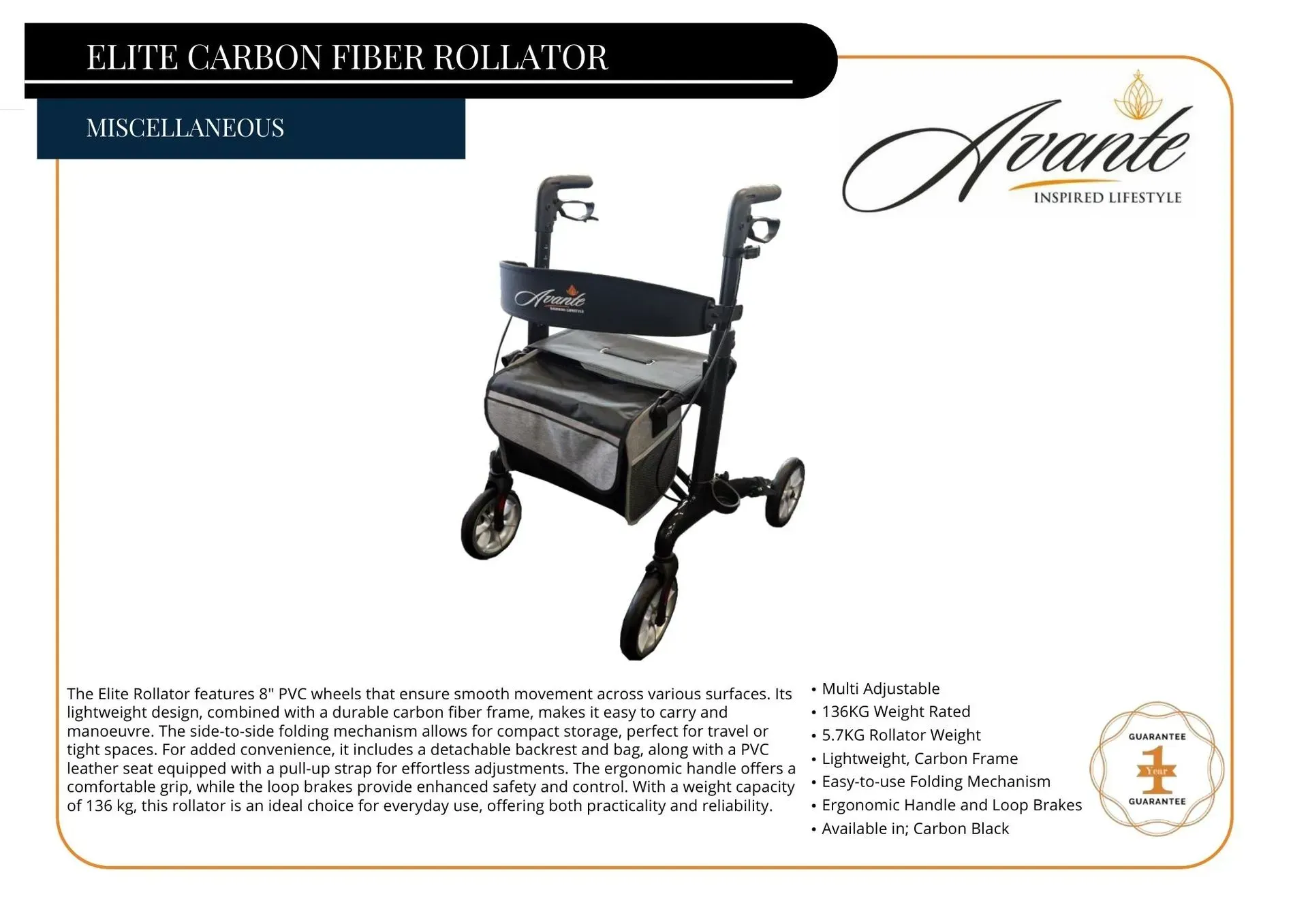 Elite carbon fiber rollator walker product ad with black seat, handles, and wheels on white background