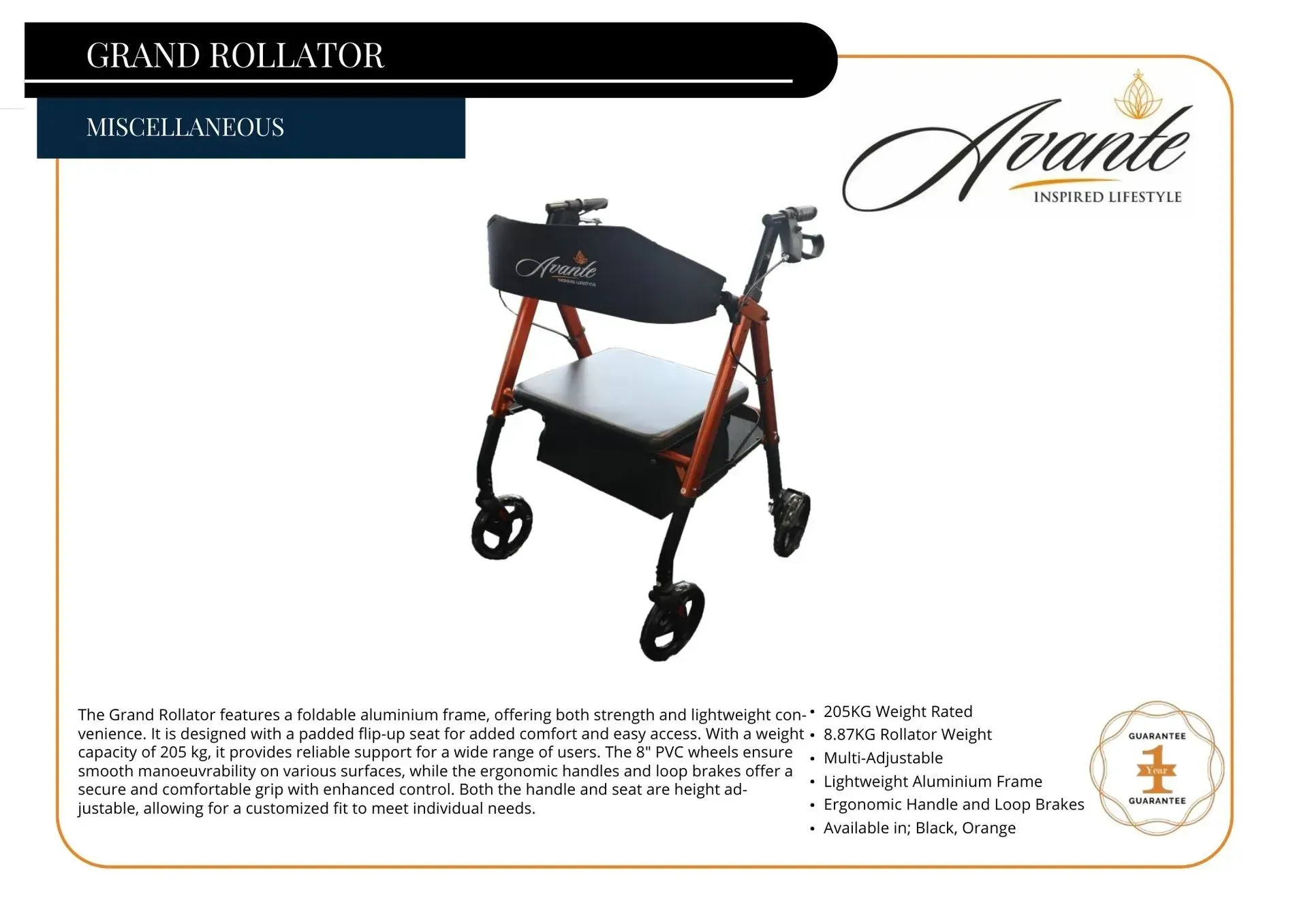 Foldable black and orange rollator walker with seat, shown in a product advertisement on a white background