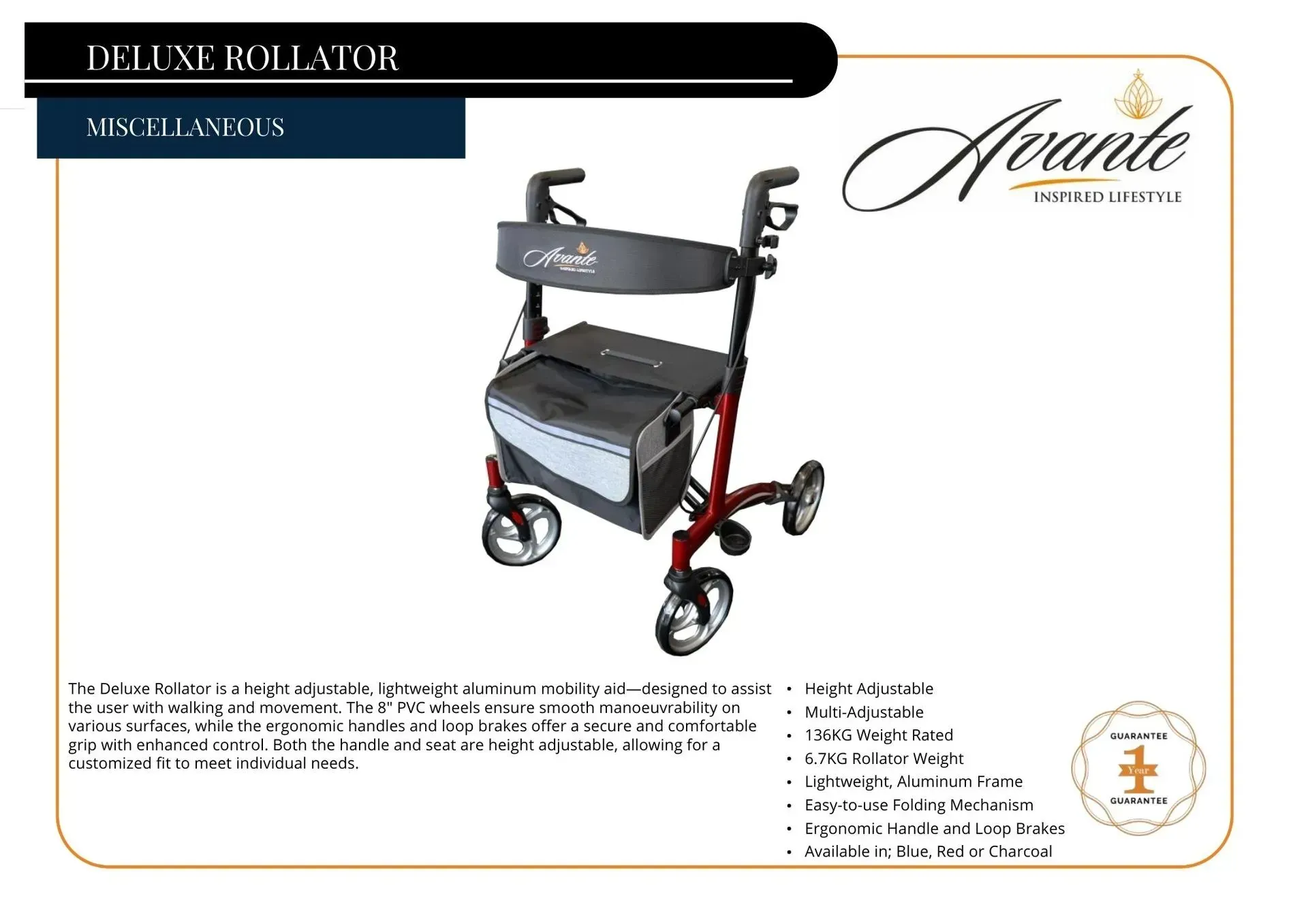 Black mobility rollator walker with seat, storage bag, and four wheels on a white product-page background